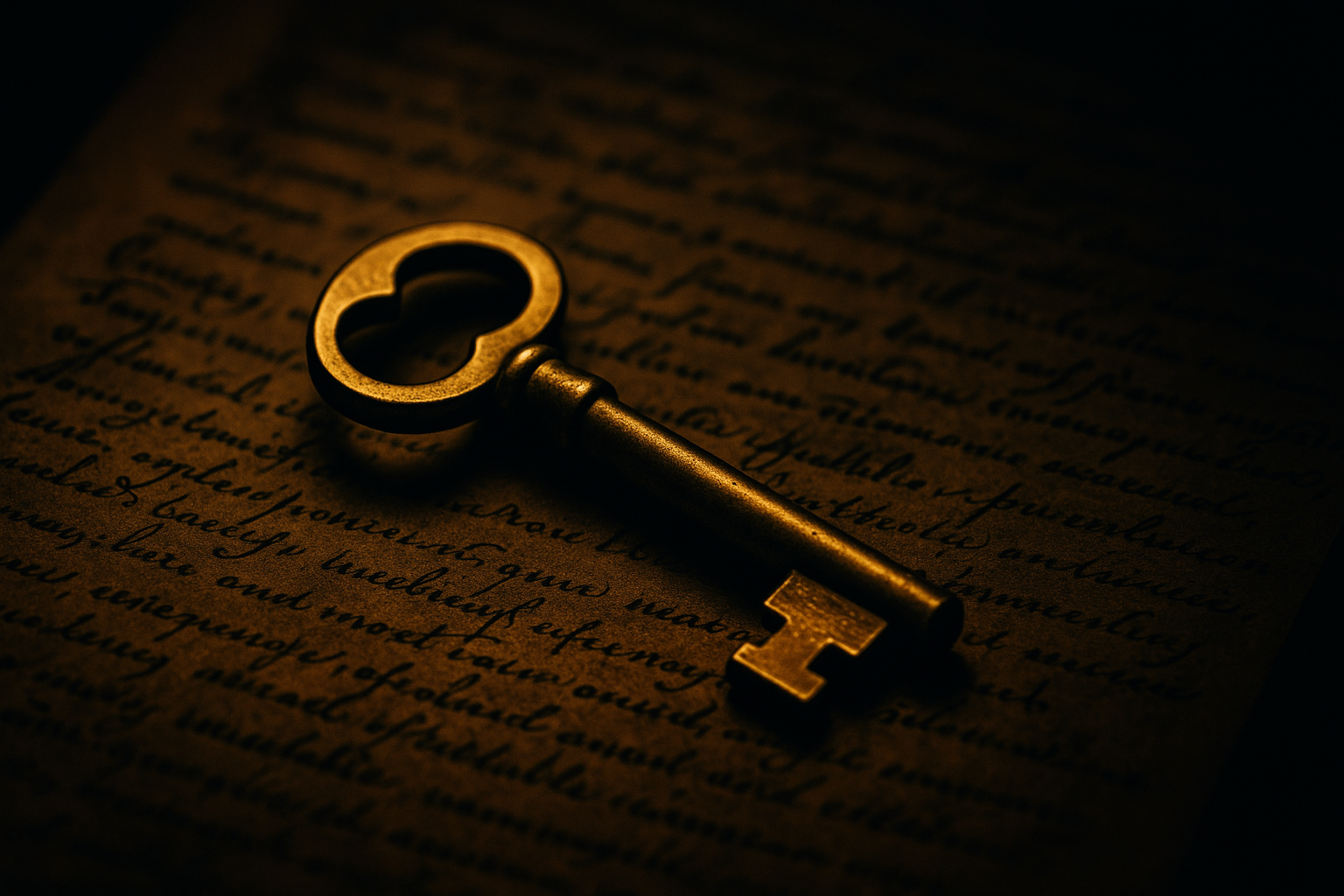 Ancient bronze key and old manuscript