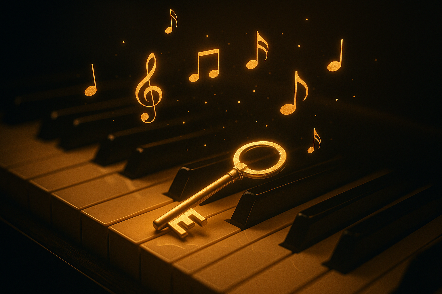 Golden piano keys and musical notes
