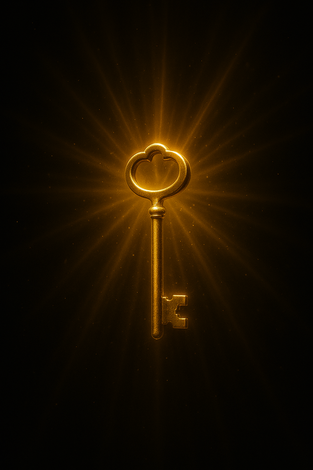 Golden key floating in abstract light